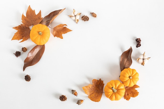 Photo composition à plat d'automne. citrouilles, feuilles séchées et noix. automne, concept d'automne. maquette, vue de dessus, espace copie