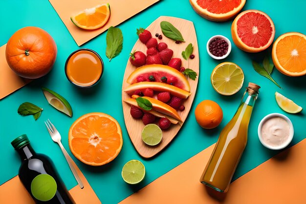 Composition à plat avec des bouteilles de jus délicieux et des ingrédients frais sur fond orange