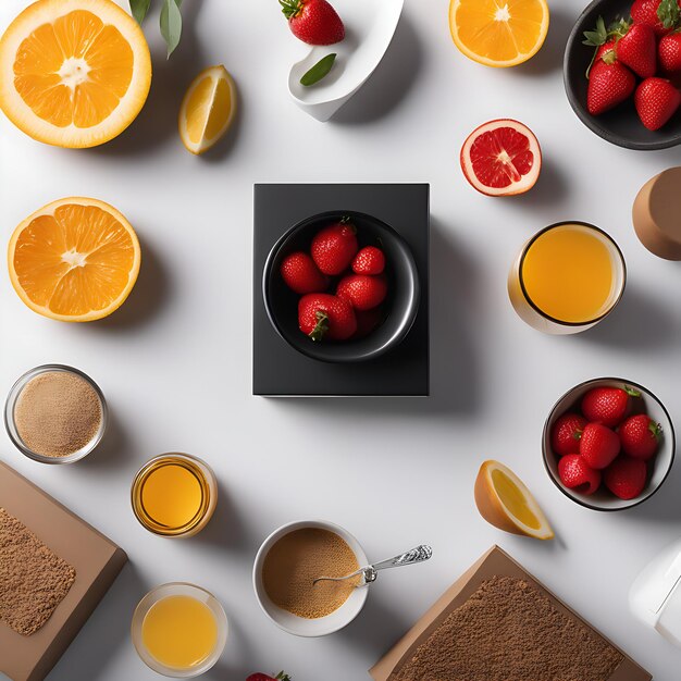 Composition à plat avec fruits et jus sur fond blanc vue de dessus