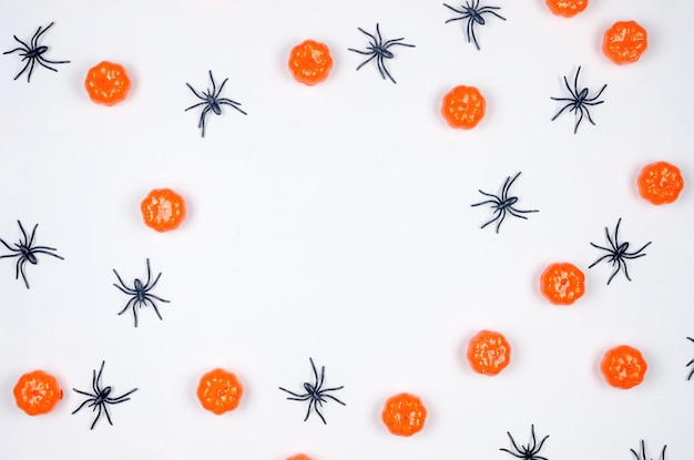 Composition à plat d'Halloween avec des citrouilles, des pailles, des araignées, des confettis