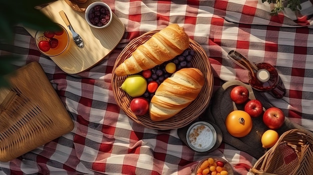Composition à plat avec un panier de pique-nique, du pain aux fruits