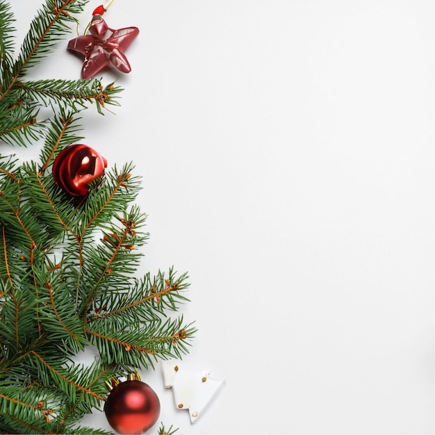 Composition plate avec des branches d'arbres de Noël et un décor festif sur fond blanc