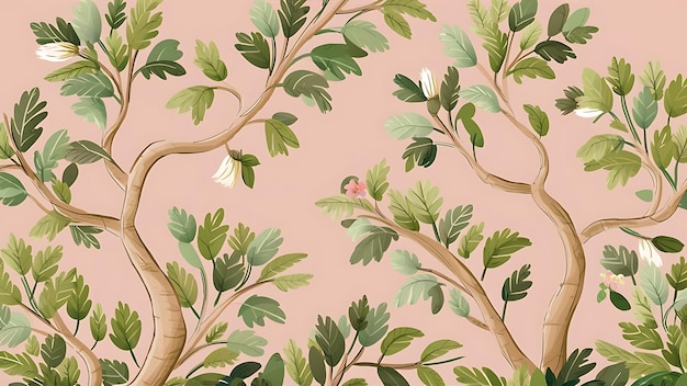 Composition plate avec des branches et des feuilles vertes sur un fond rose
