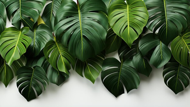 composition plate avec des feuilles tropicales sur fond coloré en gros plan