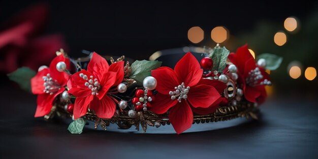 Composition plate avec la fleur de Noël traditionnelle poinsettia sur le fond de l'arbre de Noël IA générative