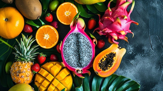 Une composition plate de fruits colorés et exotiques, y compris la papaye et la mangue.