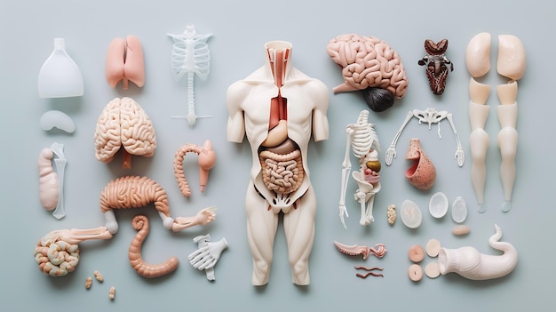 Photo composition plate avec mannequin d'anatomie humaine et organes internes sur le dos gris ia générative
