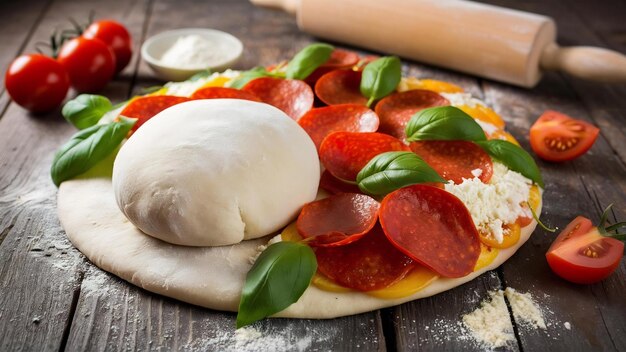 Photo composition plate avec de la pâte et des ingrédients frais pour la pizza aux pepperoni sur une table en bois