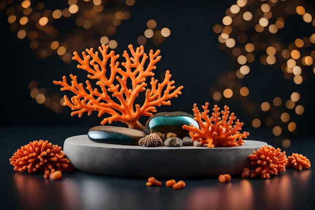 Composition de podium cosmétique en pierre irisée ronde avec des coraux orange dans les matériaux hyperréalistes du studio photo