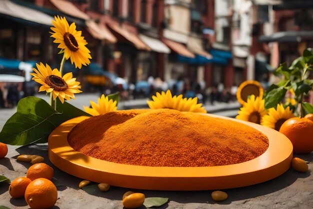 Composition de podium cosmétique ronde en roche orange avec tournesol dans les matériaux hyperréalistes de la rue