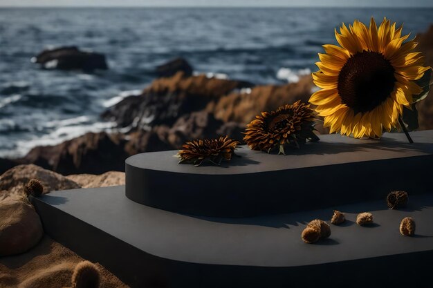 Composition de podium plat en roche noire avec des tournesols séchés au bord de la mer de beaux matériaux