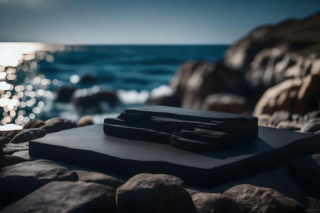 Composition de podium de roche en bois noir plat avec obsidienne au bord de la mer matériaux hyperréalistes