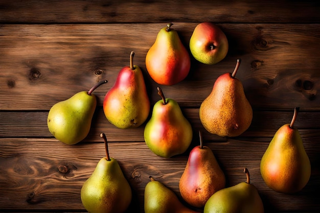 Composition de poire à plat avec espace libre pour copier l'arrière-plan en bois naturel