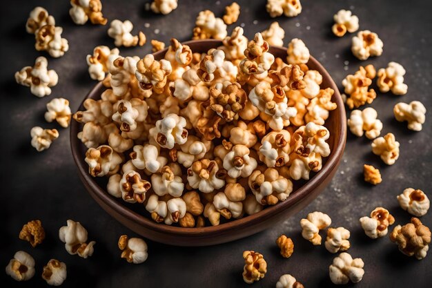 Composition de pop-corn au caramel mise à plat avec espace libre pour copier fond de verre teinté