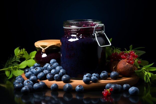 Composition avec un pot de confiture de bleuets