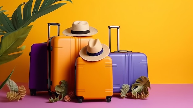 Une composition pour le tourisme avec des valises de voyage mumka et un chapeau d'été et des plantes d'intérieur AI Generated
