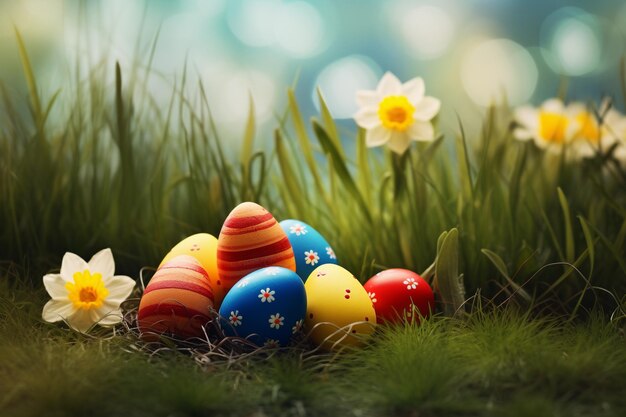 Composition de printemps avec des œufs de Pâques et des fleurs sur un fond flou