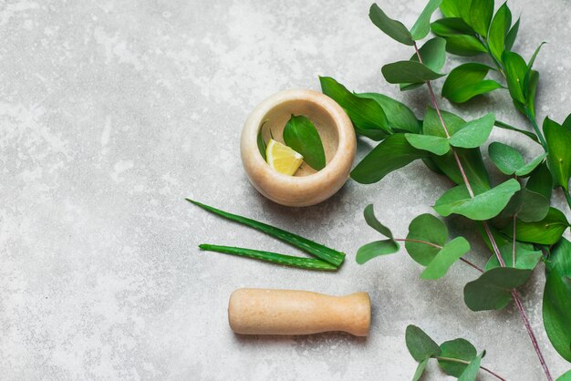 Composition avec des produits cosmétiques, mortier et pilon, feuilles et citron