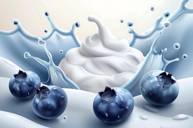 Photo composition réaliste de baies de yogourt au lait avec des éclaboussures de liquide blanc