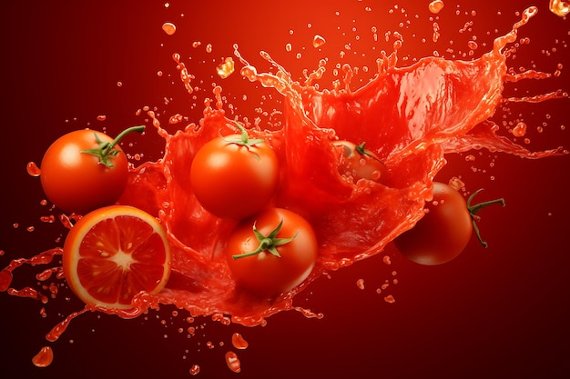 Composition réaliste de jus de tomate avec des tranches et des fruits entiers de tomates avec du jus liquide