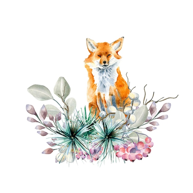 Composition de renard et illustration aquarelle de couronne d'hiver isolée sur blanc