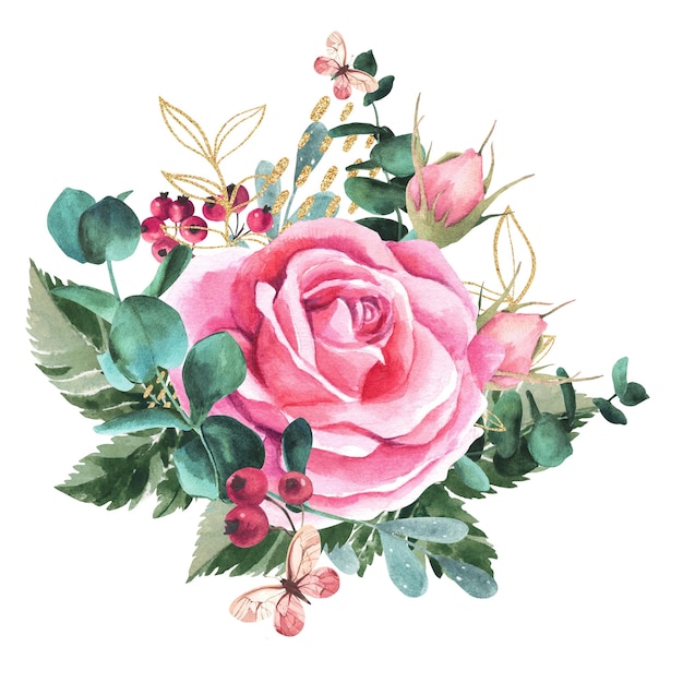 Composition romantique de roses roses branches d'eucalyptus branches dorées et papillons Isoler