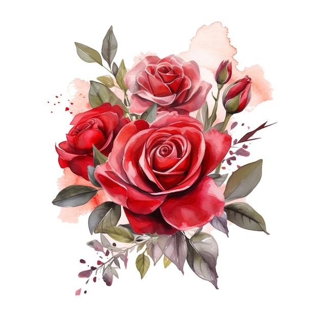 Composition de roses rouges et de feuilles en aquarelle sur un fond abstrait