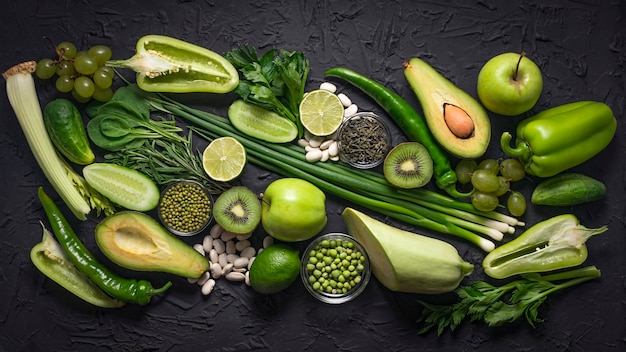 Composition saine de fruits et légumes verts crus.