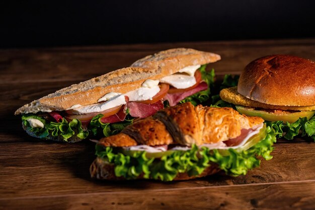 Photo composition de sandwichs avec salami et légumes