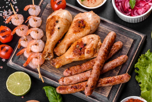 Composition de saucisses, poulet, porc et crevettes préparés sur grill, ainsi que de légumes préparés sur grill avec épices et herbes. Cuisson au feu