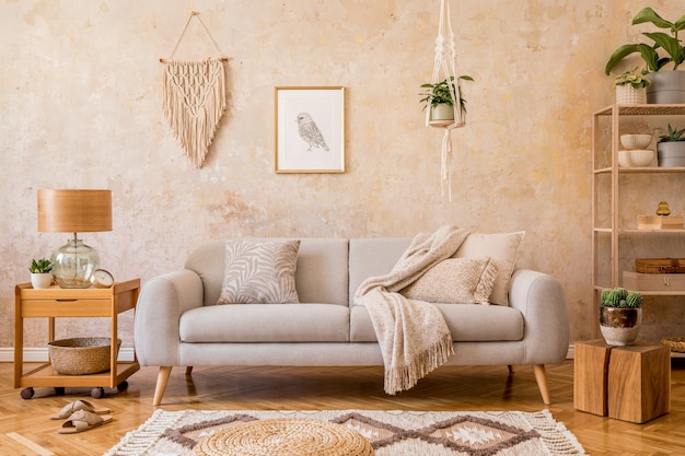 Composition scandi élégante à l'intérieur du salon avec canapé gris design, table basse en bois, étagère, cube, tapis, pouf en rotin, plantes, cadre photo, lampe de table et accessoires élégants dans la décoration intérieure.