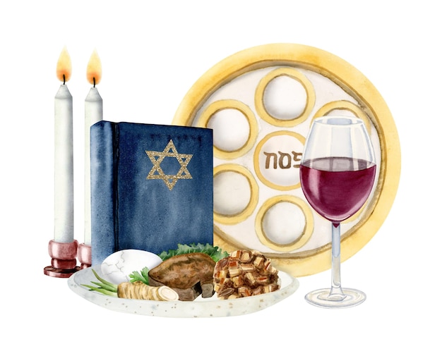 Composition de seder de Pâque aquarelle avec repas traditionnel verre à vin rouge bougies Haggadah juives