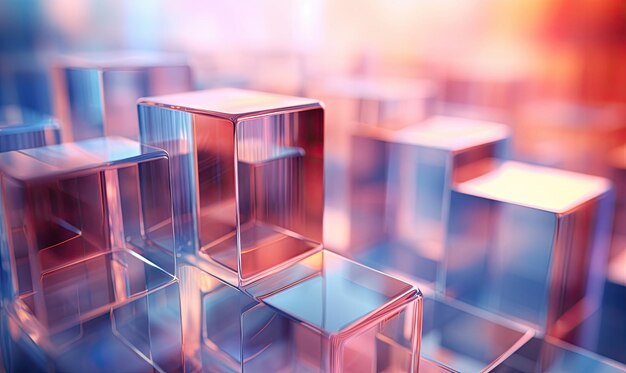 Une composition sereine de cubes de verre translucide baignés dans un gradient d'éclairage bleu à rose AI Generative