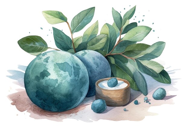 Composition de spa à l'aquarelle avec des bombes de bain et de l'eucalyptus Generative AI