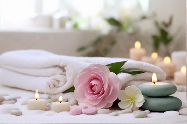 Composition spa époustouflante par bougie de serviette et fleurs avec des produits de beauté