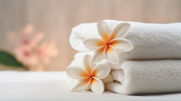 Composition de spa serviettes blanches et fleurs de plumeria sur une table blanche IA générative