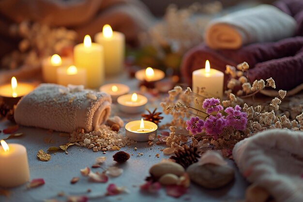 Composition de spa avec des serviettes, des bougies et des fleurs sur fond gris