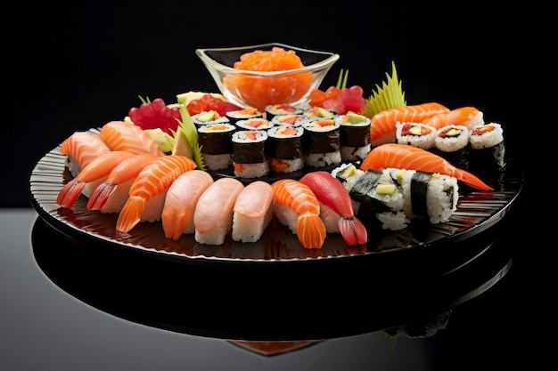 Une composition de sushi magnifiquement disposée sur une assiette mettant en valeur la variété et la fraîcheur