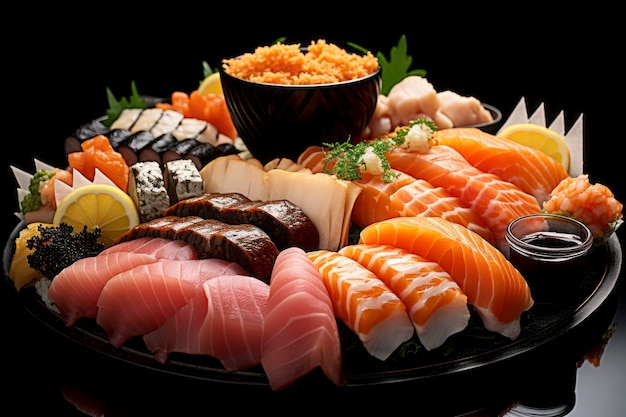 Une composition de sushi magnifiquement disposée sur une assiette mettant en valeur la variété et la fraîcheur