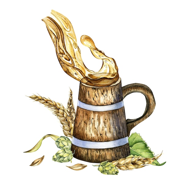 Composition avec tasse en bois cônes de houblon épis de blé et illustration aquarelle éclaboussures de bière isolée sur blanc