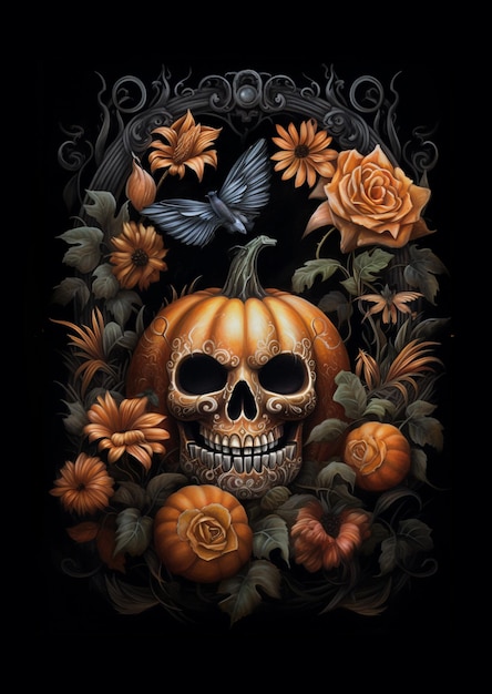 Composition thématique pour les vacances d'Halloween d'un crâne de citrouilles, feuilles et fleurs sur fond noir