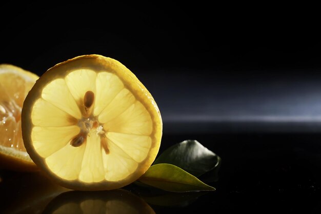 Composition avec des tranches d'orange et de pamplemousse sur fond noir. Une tranche d'orange avec rétro-éclairage sur fond noir avec des gouttes d'eau. Orange juteuse sur une table.