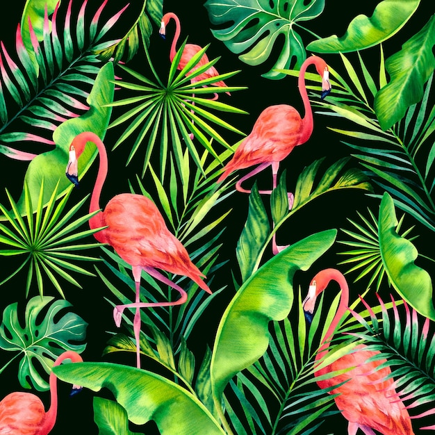 Une composition tropicale de branches de palmier et de flamants roses Illustration aquarelle Flamingos Monstera Feuilles de bananier