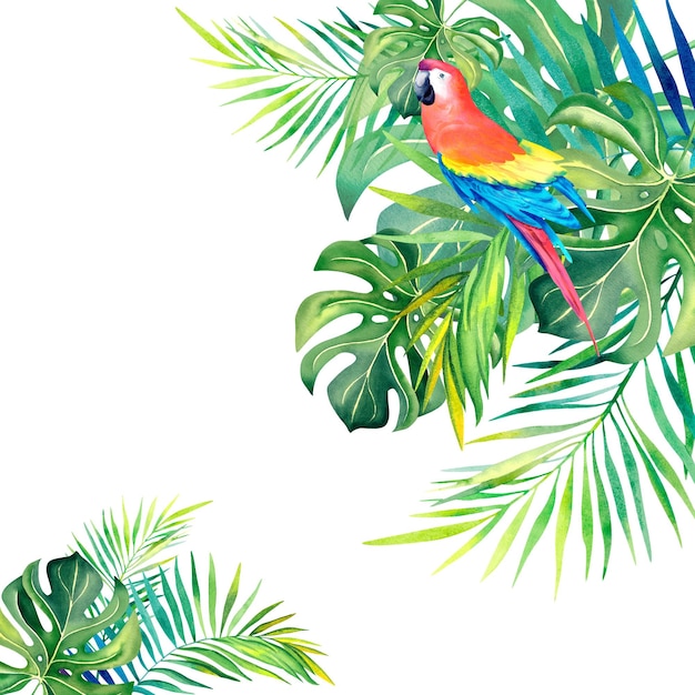 Photo une composition tropicale de branches de palmier et un perroquet ara rouge illustration aquarelle oiseaux exotiques feuilles de bananier monstera