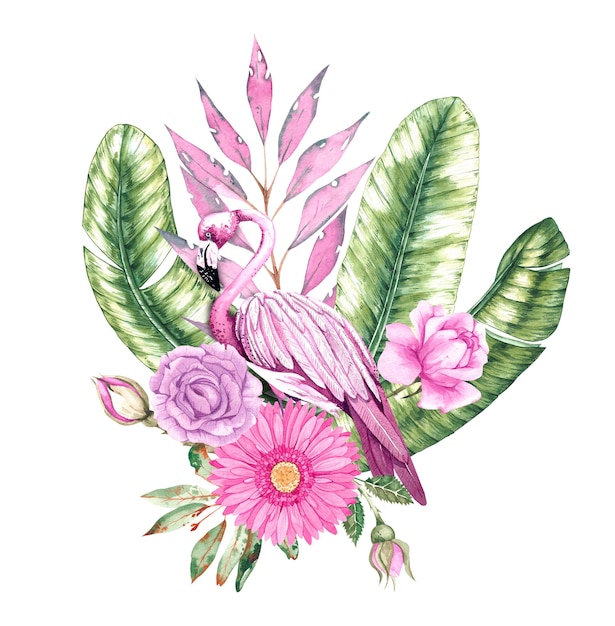 Composition tropicale avec des flamants roses feuilles de banane fleurs roses