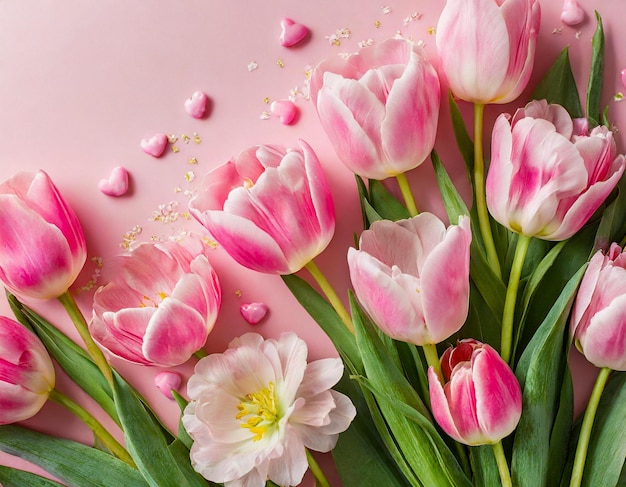composition de tulipes roses de printemps sur fond rose pastel pour la Saint-Valentin Pâques en haut v