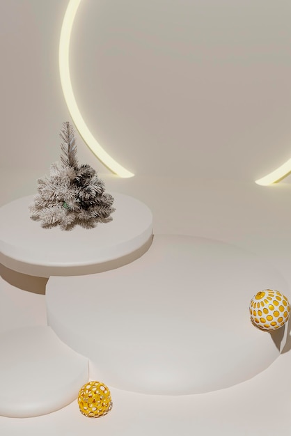 Composition de vacances de Noël avec des arbres de Noël décoratifs et des podiums sur beige avec copie espace rendu 3d