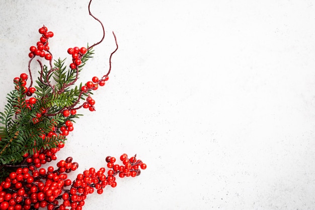 Composition de vacances de Noël avec des décorations de Noël branches de fruits rouges sur fond blanc