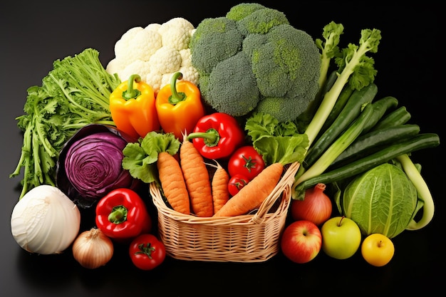 Composition avec une variété de légumes biologiques crus sur fond noir Diète équilibrée