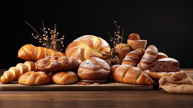 Composition avec une variété de produits de boulangerie sur fond noir